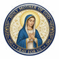 Holy Mother of God enamel pinback featuring Mary, blue and gold, 'Pray for us' text