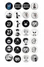 24 round character buttons, 1.25-inch, black-and-white cartoon designs set