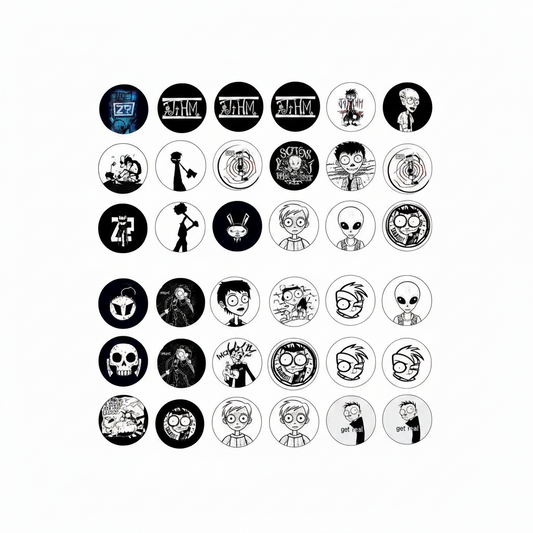 Set of 24 circular character stickers with dark anime-style artwork