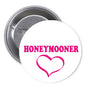 Pink Honeymooner heart wedding pinback with white round badge, 2.25-inch