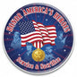 Round pinback button with blue patriotic design, U.S. flag, and “Service & Sacrifice” text