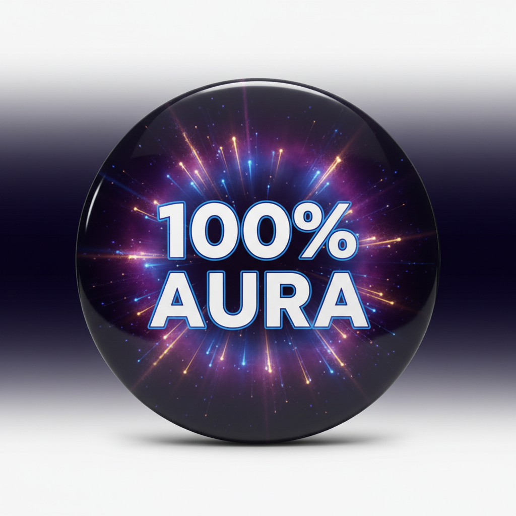 2.25-inch pinback button with 100% AURA text on dark galaxy design