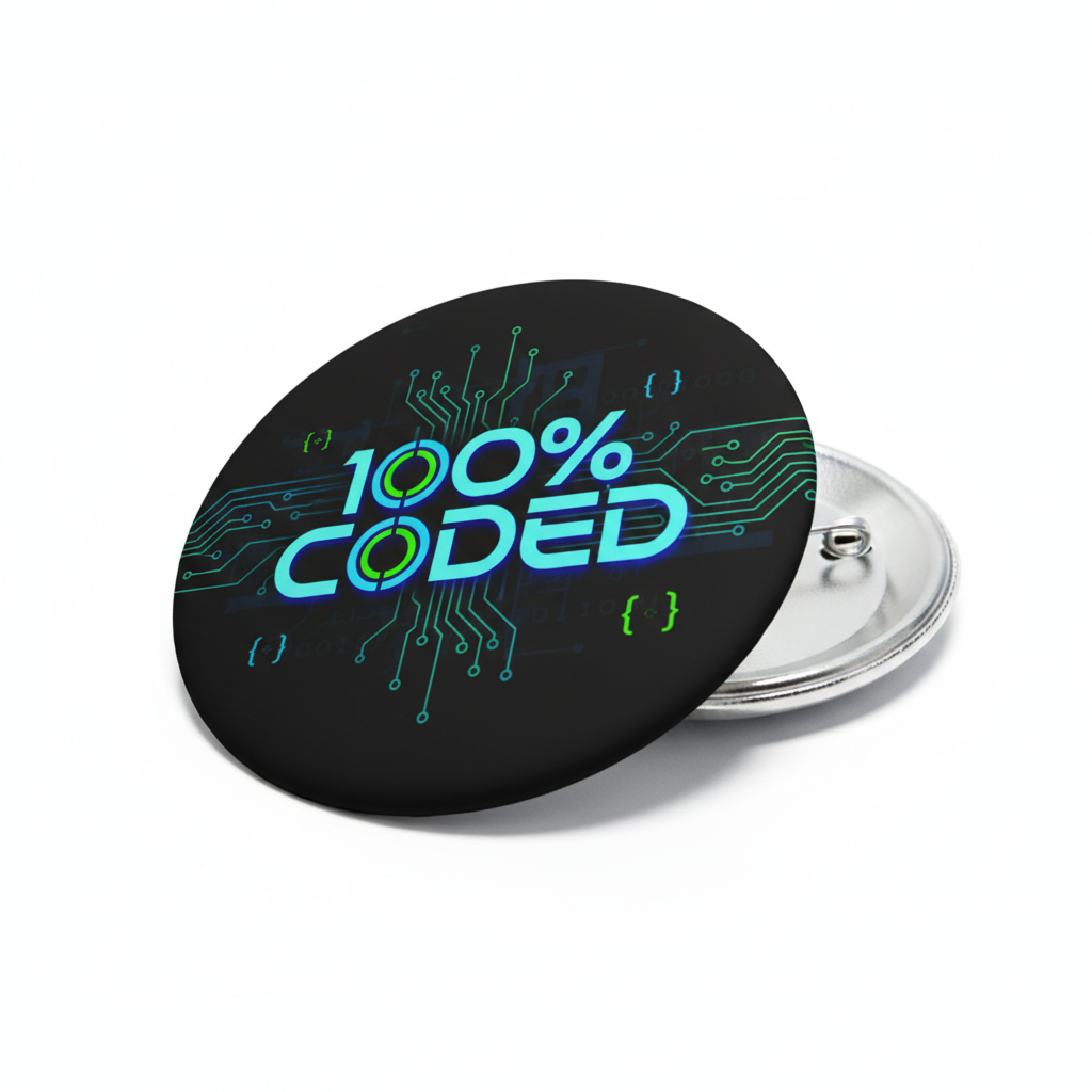 2.25-inch black pinback button with 100% CODED circuit design and silver safety clasp