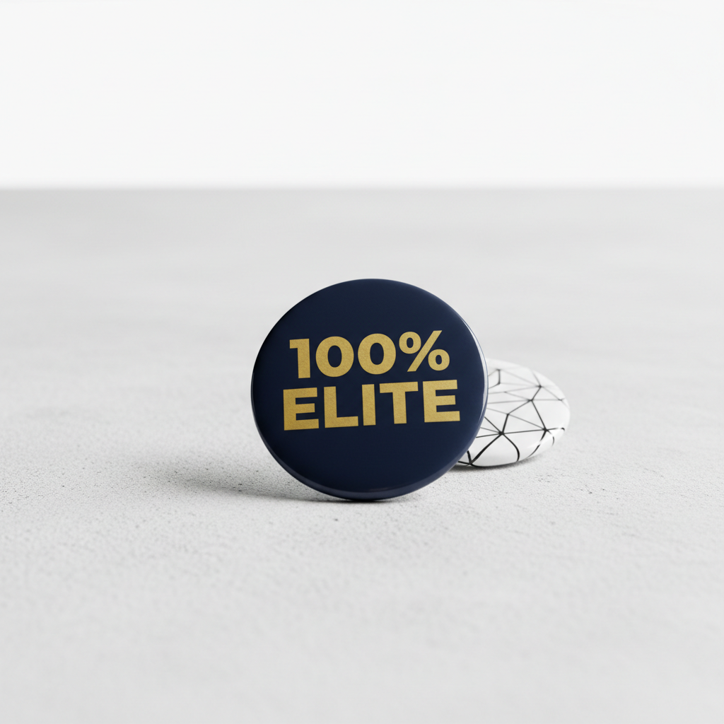 Navy 2.25-inch pinback button with gold "100% ELITE" text