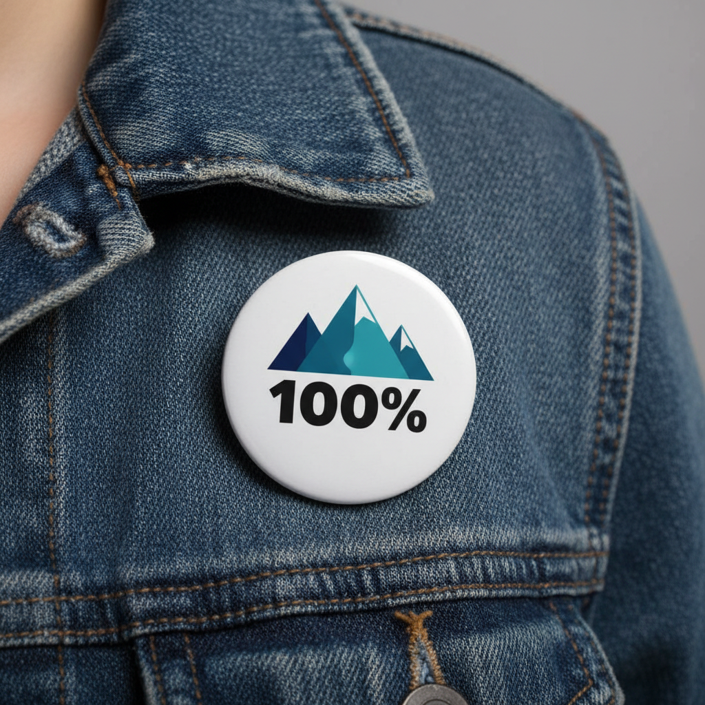 2.25-inch round pinback button with white face, blue mountains and 100% text