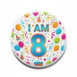 Birthday pinback button, round white with balloons, confetti, and 'I AM 8' design
