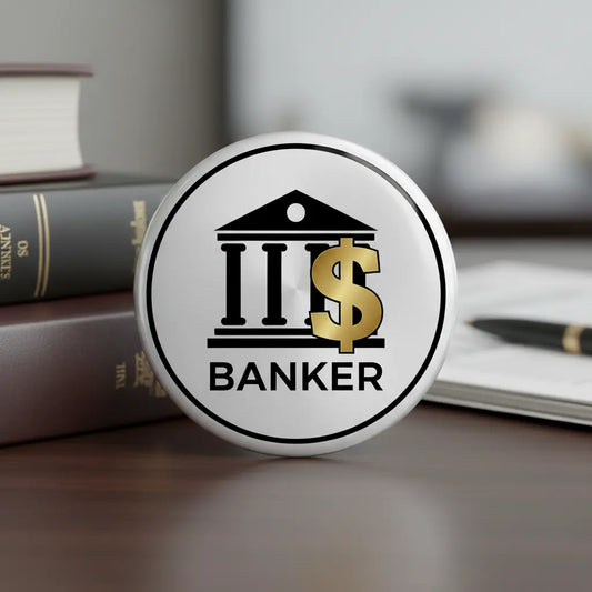 White button with black bank icon, gold dollar sign, and the word BANKER