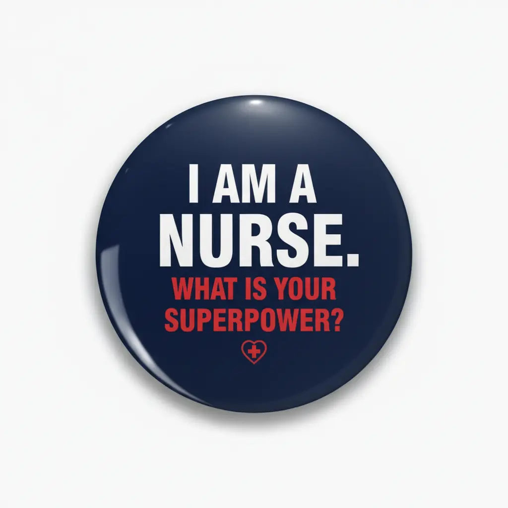 Nurse pinback button, 2.25-inch navy circle with text “I AM A NURSE” and heart symbol