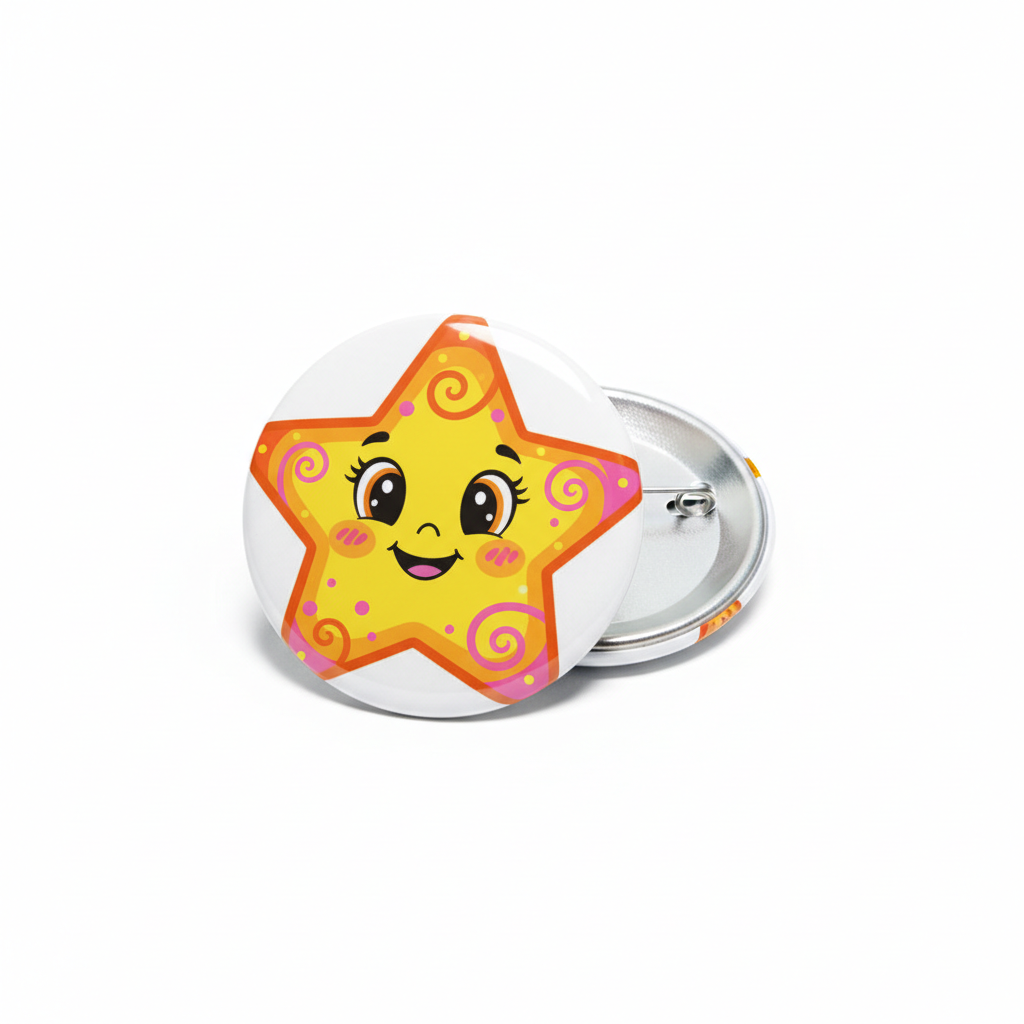 2.25-inch star cartoon pinback button with smiling yellow character face