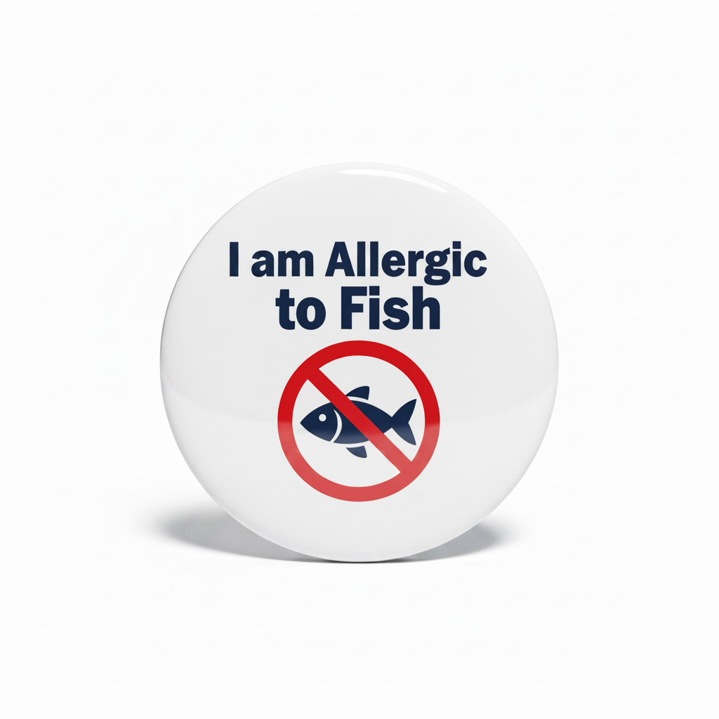 Round white pinback with 'I am Allergic to Fish' text and a red prohibition symbol on a white background