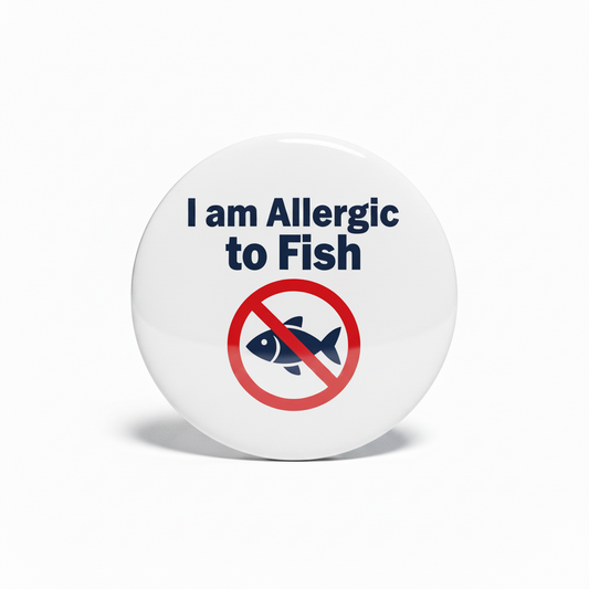 Round white pinback with 'I am Allergic to Fish' text and a red prohibition symbol on a white background