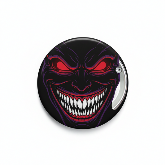 2.25-inch pinback button with demonic grin artwork, black/purple with red eyes and teeth