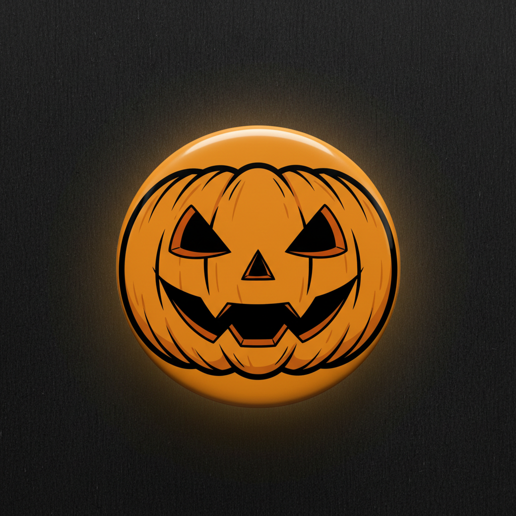 Orange jack-o'-lantern pumpkin pinback button, circular, 2.25-inch