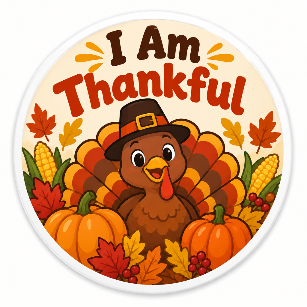 A round white sticker or label featuring a cartoon Thanksgiving turkey wearing a pilgrim hat, surrounded by pumpkins, corn, autumn leaves, and the text “I Am Thankful For” in orange and brown lettering.