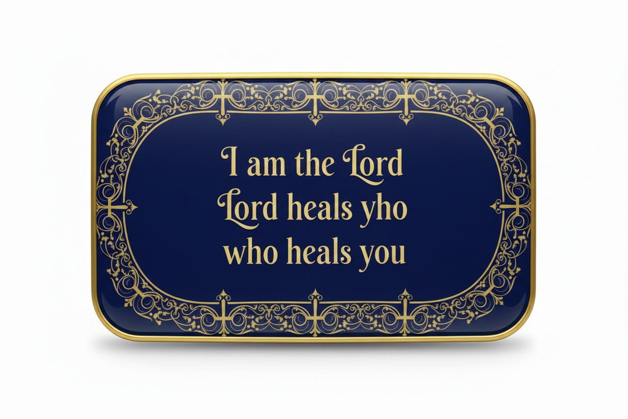 A decorative magnet with a navy blue background and gold border, featuring the text 'I am the Lord Lord heals yho who heals you' in gold lettering, surrounded by ornate gold filigree and crosses.