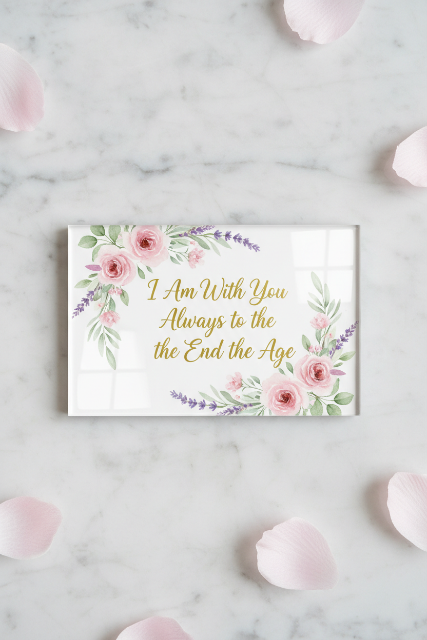A rectangular white card with gold script text reading 'I Am With You Always to the the End the Age' and pink floral watercolor illustrations, placed on a light marble surface with scattered pink petals around it.
