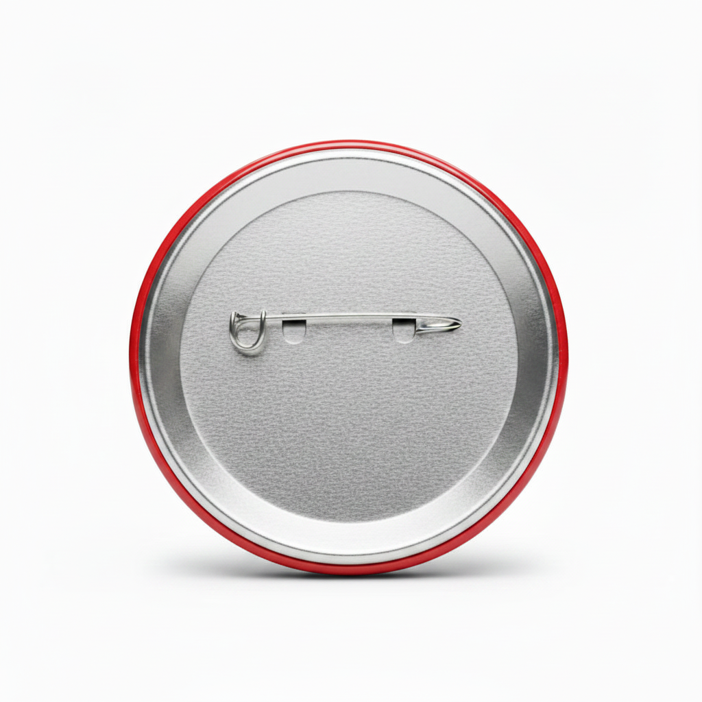 Round pinback button back with silver clasp and red rim, visible safety pin