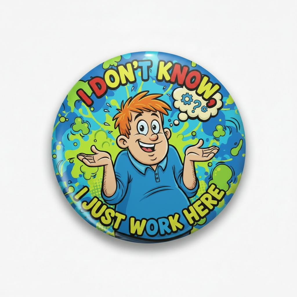 Round cartoon pinback button with smiling man in blue shirt, “I Don’t Know, Just Work Here”
