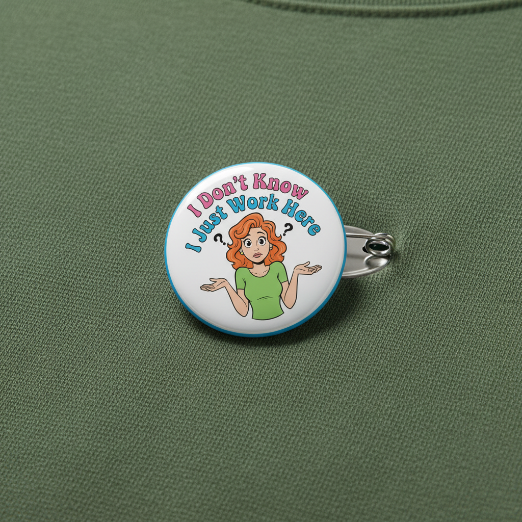 Button badge with cartoon character and text 'I Don't Know, I Just Work Here' on a white background