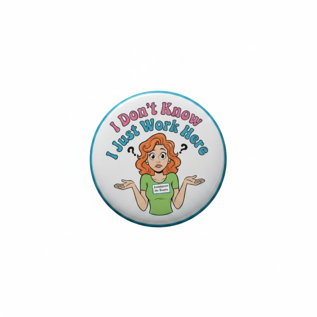 Button badge with cartoon character and text 'I Don't Know, I Just Work Here' on a white background