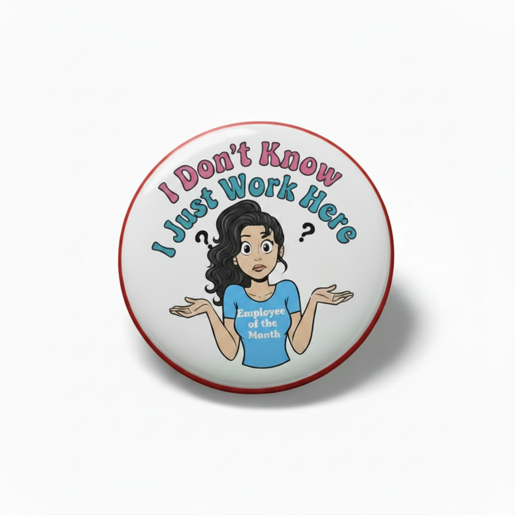 Button badge with cartoon character and text 'I Don't Know, I Just Work Here' on a white background