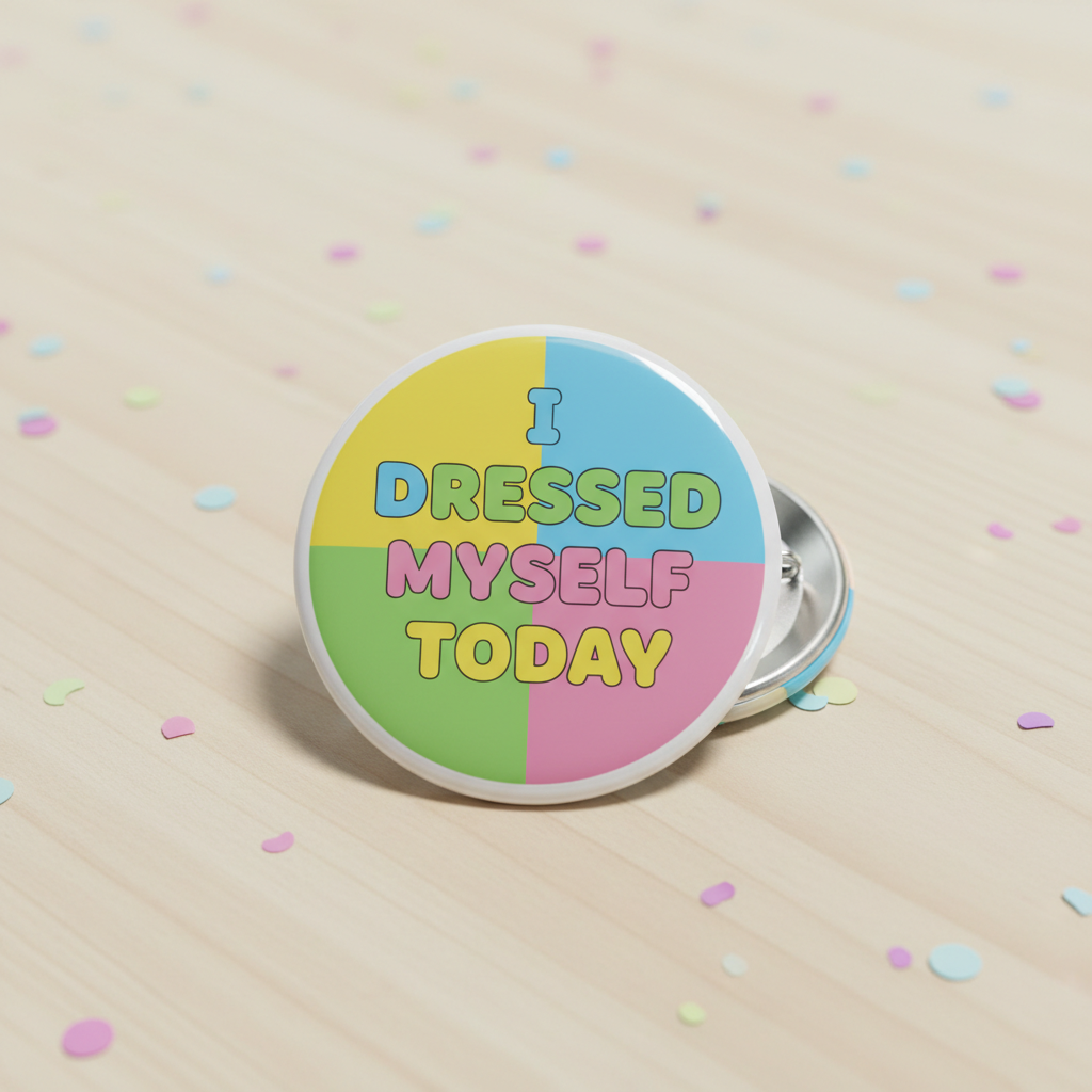 Round pinback button with colorful "DRESSED MYSELF TODAY" text and metal clasp