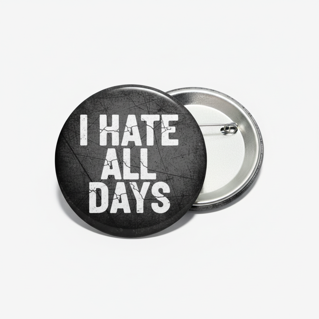 2.25-inch round pinback badge: black face, white 'I HATE ALL DAYS'