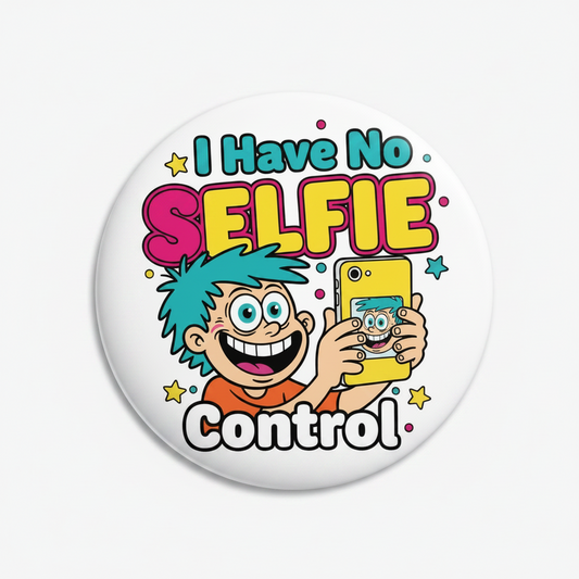 Button badge with cartoon character holding a phone and text 'I Have No Selfie Control' on a white background.