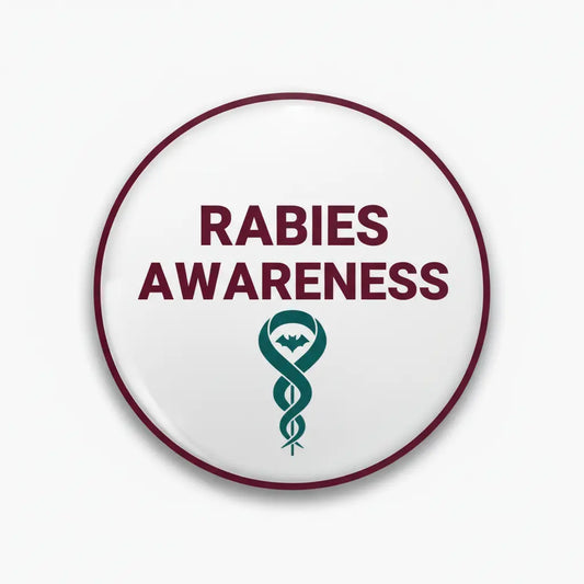 Rabies Awareness button with a teal ribbon and bat graphic