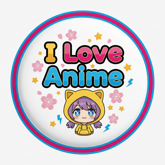 Round anime pinback button with 'I Love Anime' text and chibi girl art