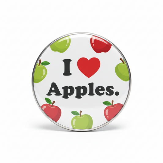Circular apple heart pinback button with 'I ♥ Apples' text and red apple icons