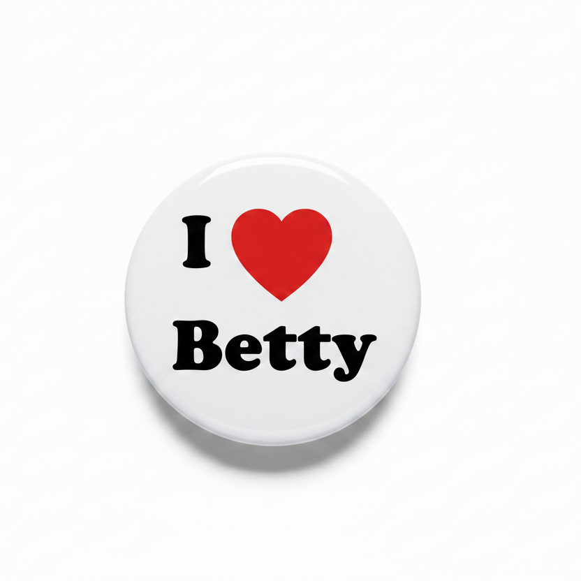 A round pin-back button with a silver metal rim and safety pin clasp, featuring a white face with the text 'I' in black, a red heart, and 'Betty' in black.