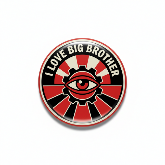 2.25-inch pinback button with red and black eye logo and “LOVE BIG BROTHER” text