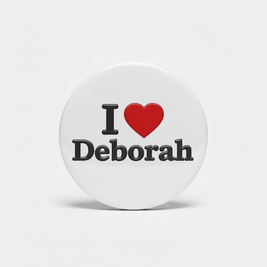 Round white object with 'I ❤️ Deborah' text on a white background