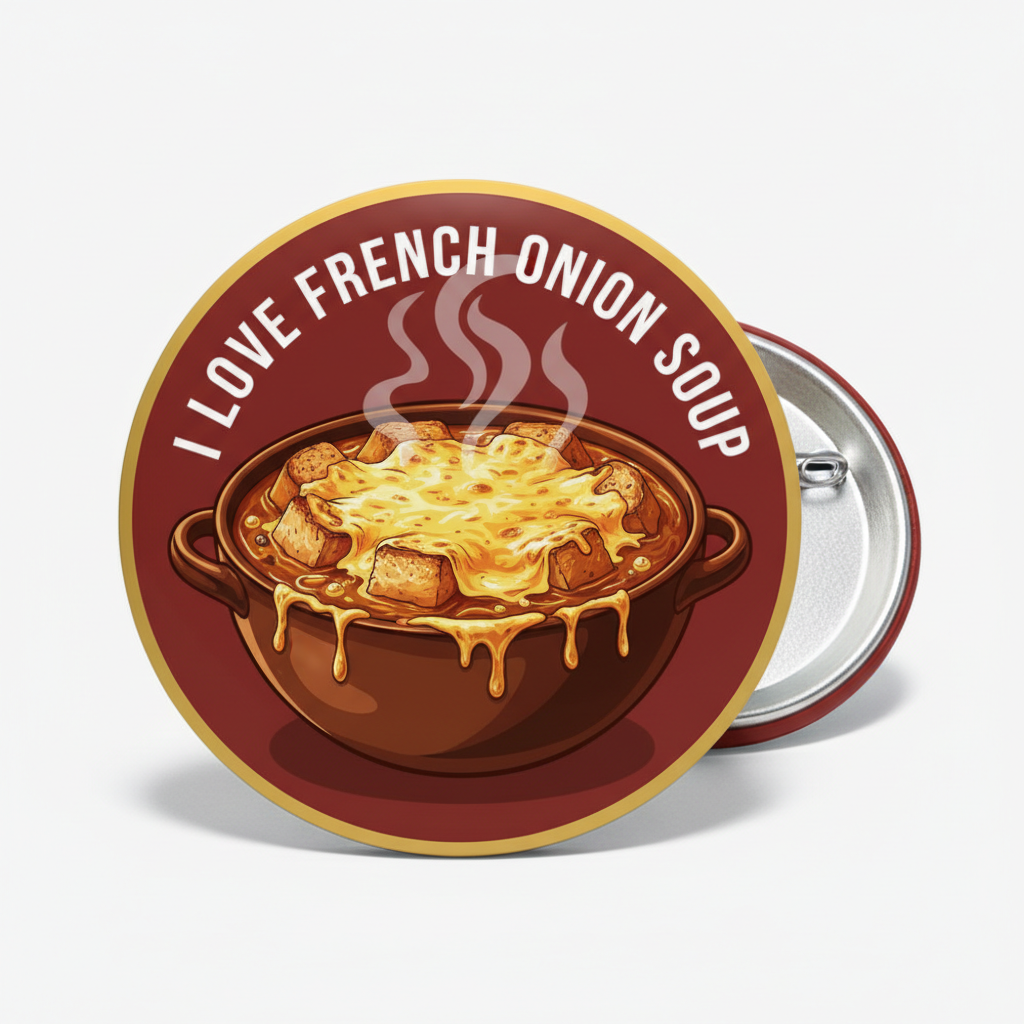 Button badge with illustration of French onion soup and text 'I Love French Onion Soup' on a white background