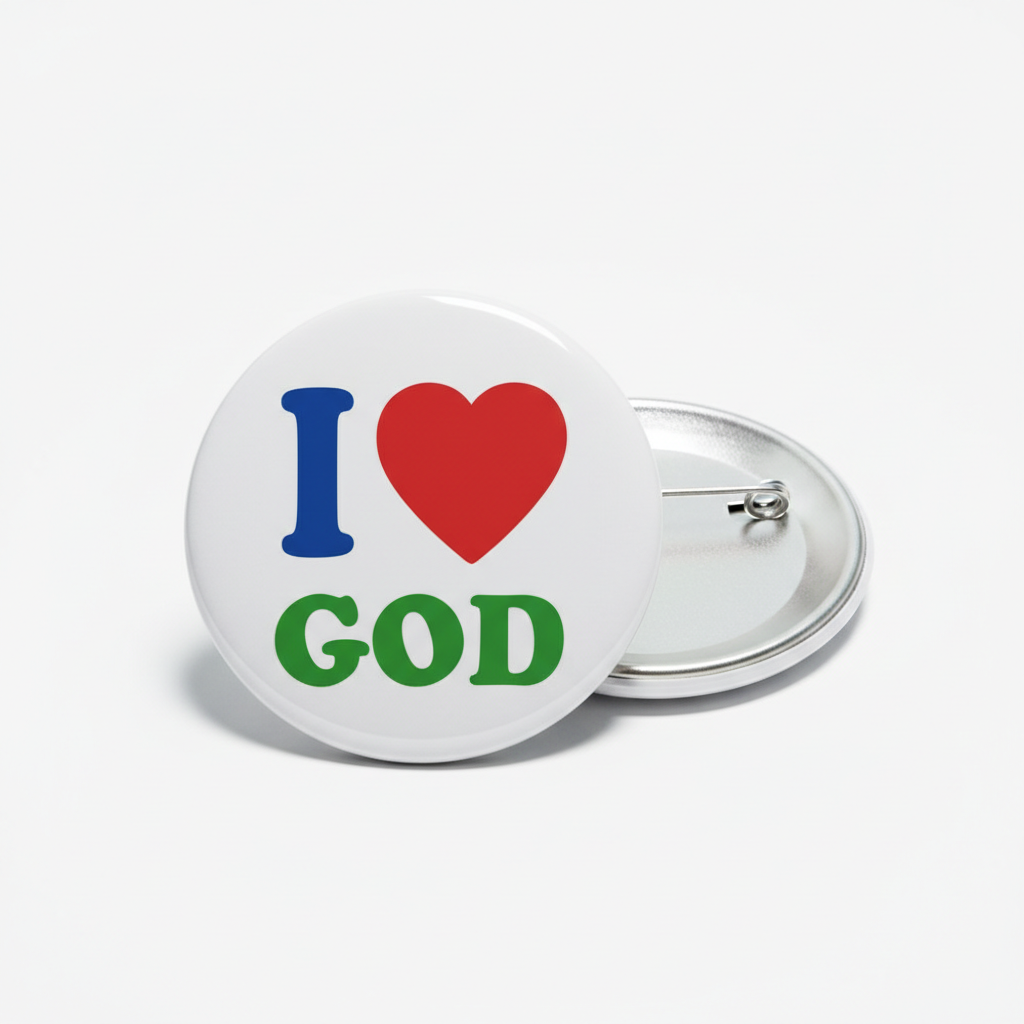 3-inch pinback button with “I ♥ GOD” text; metal pin back shown