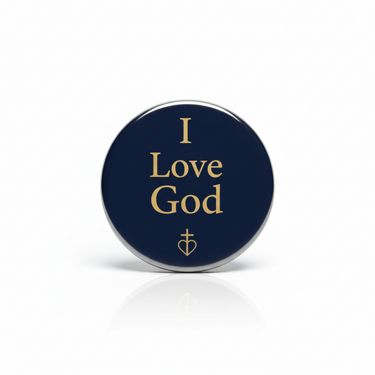 Navy and gold I Love God religious pinback badge with small cross icon.