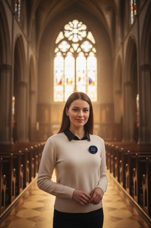 Navy circular I Love God pinback badge on white sweater, gold lettering and cross.