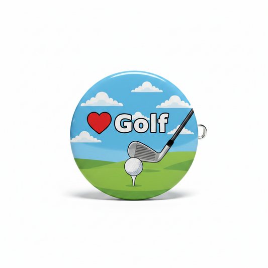 Round Golf pinback button with heart, golf club and ball graphic, blue sky design