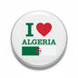 Round I love Algeria button pin with red heart, green ALGERIA text, and flag graphic