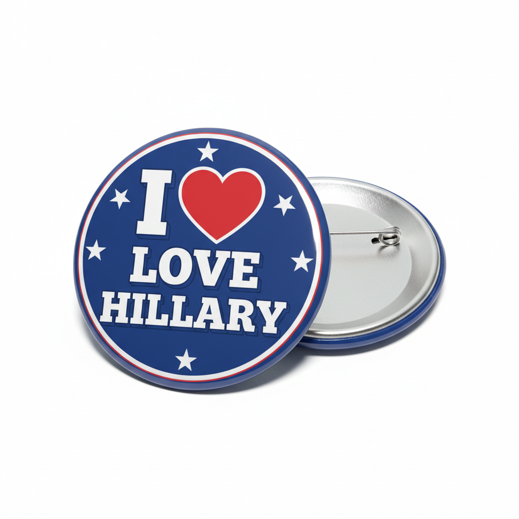 2.25-inch circular pinback button with blue stars, red heart, and "I LOVE HILLARY"