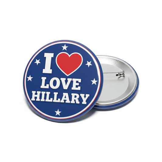 2.25-inch circular pinback button with blue stars, red heart, and "I LOVE HILLARY"