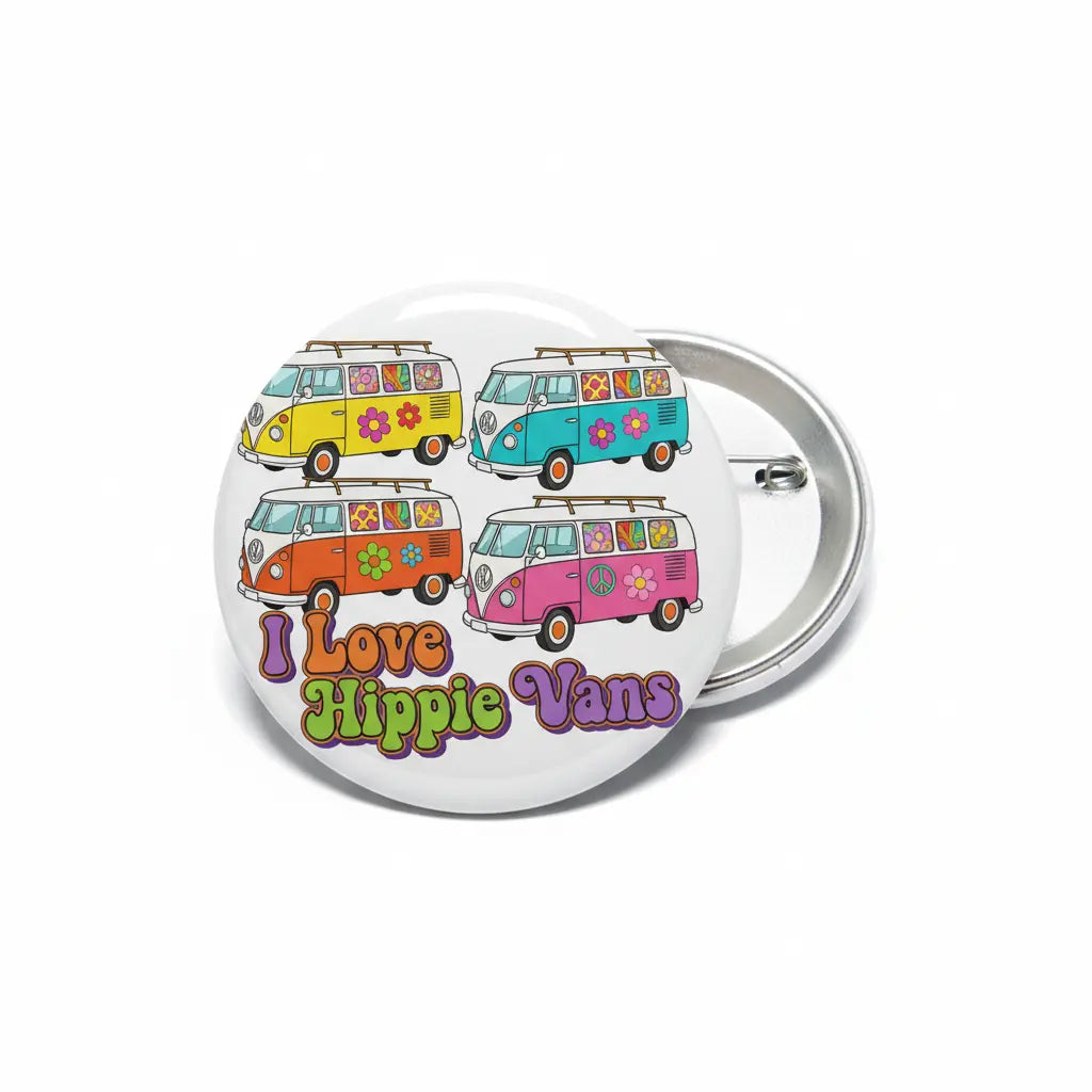 Round pinback button with hippie van illustration and 'I Love Hippie Vans' text