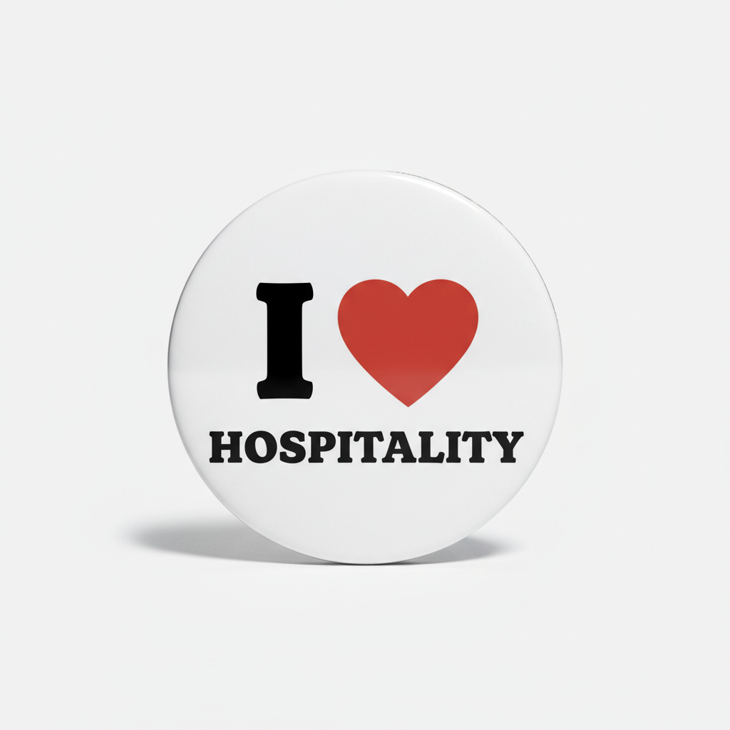 2.25-inch pinback button: white 'I HOSPITALITY' with red heart