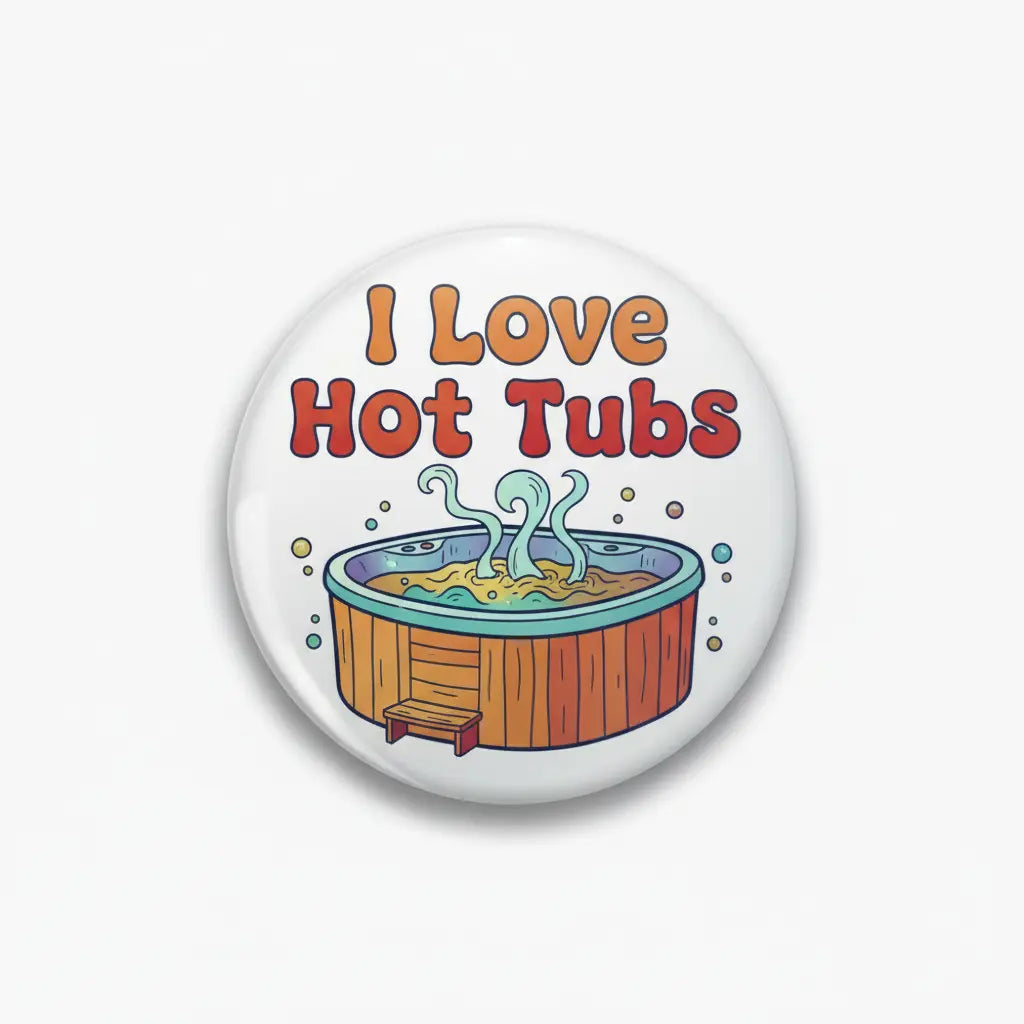 Round hot tub pinback button with “I Love Hot Tubs” text and cartoon hot tub graphic