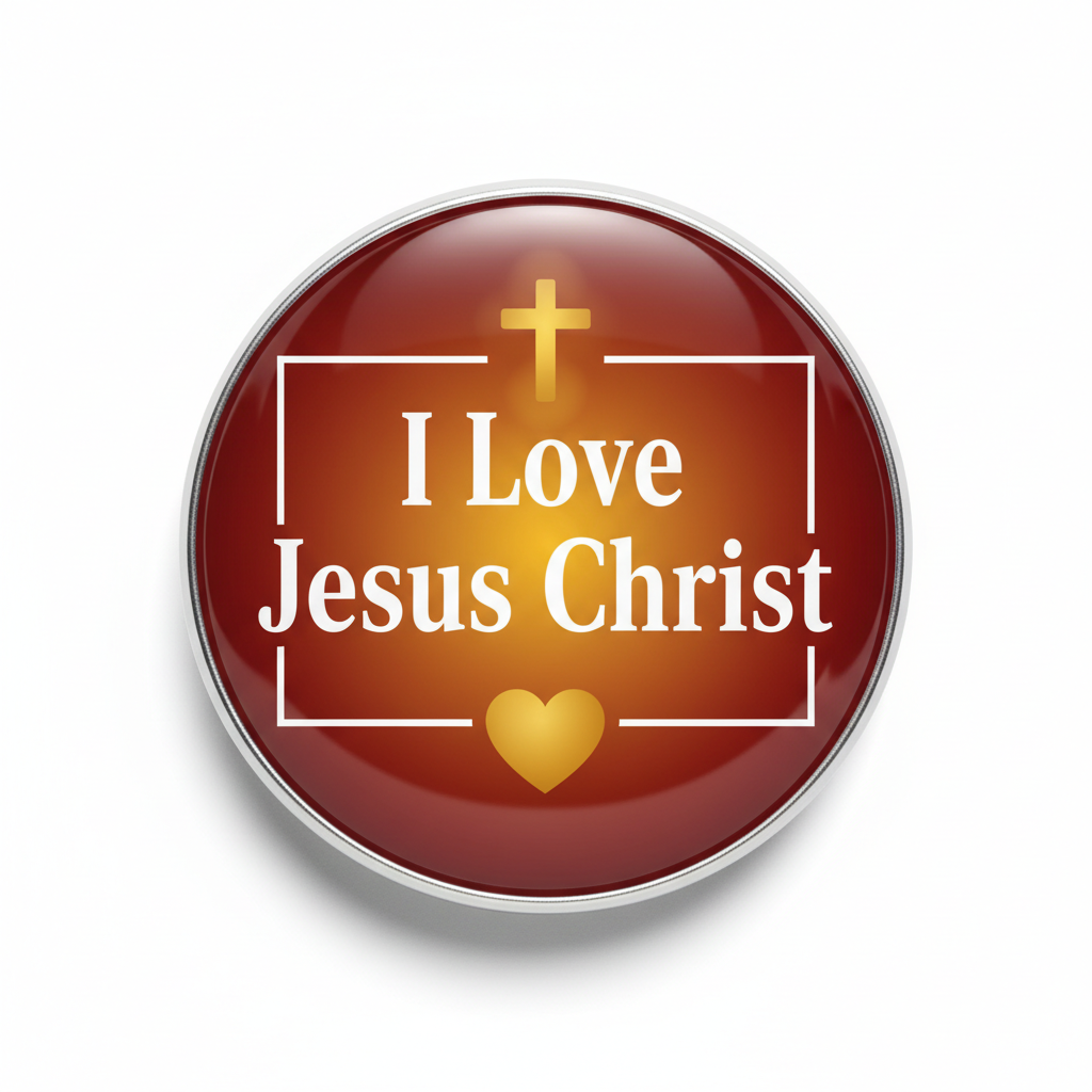 Red Jesus Christ pinback button with gold cross, 'I Love' lettering, and heart