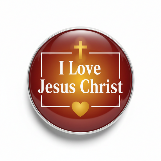 Red Jesus Christ pinback button with gold cross, 'I Love' lettering, and heart