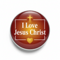 Red Jesus Christ pinback button with gold cross, 'I Love' lettering, and heart