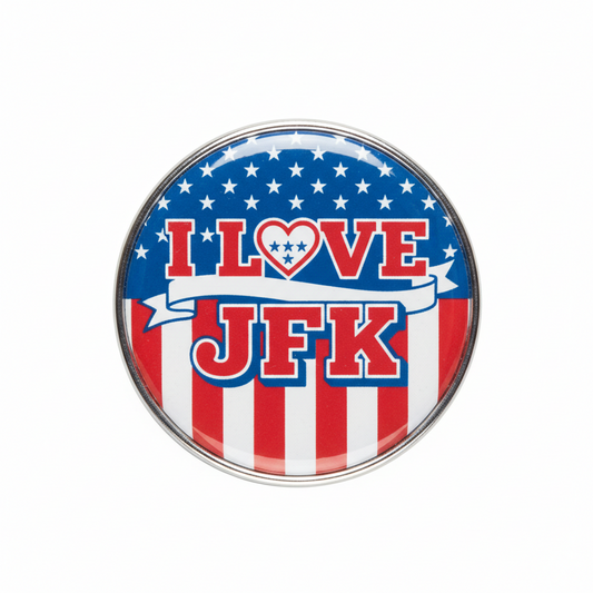 Round I Love JFK pinback button with red-white stripes, blue stars, and heart logo