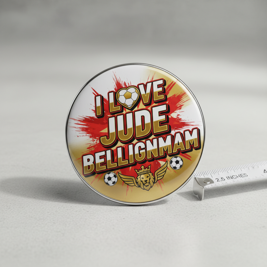 Round 2.5-inch button pin with colorful Jude Bellingham fan graphic and metal edge.
